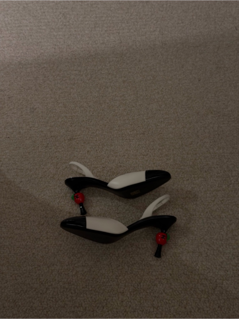 CHANEL Black and White Slingback Heels with Red Cherry Heel Detail